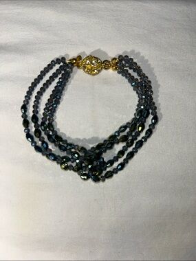 Iridescent Blue-Gray Multi-Strand Beaded Bracelet with Gold Magnetic Clasp